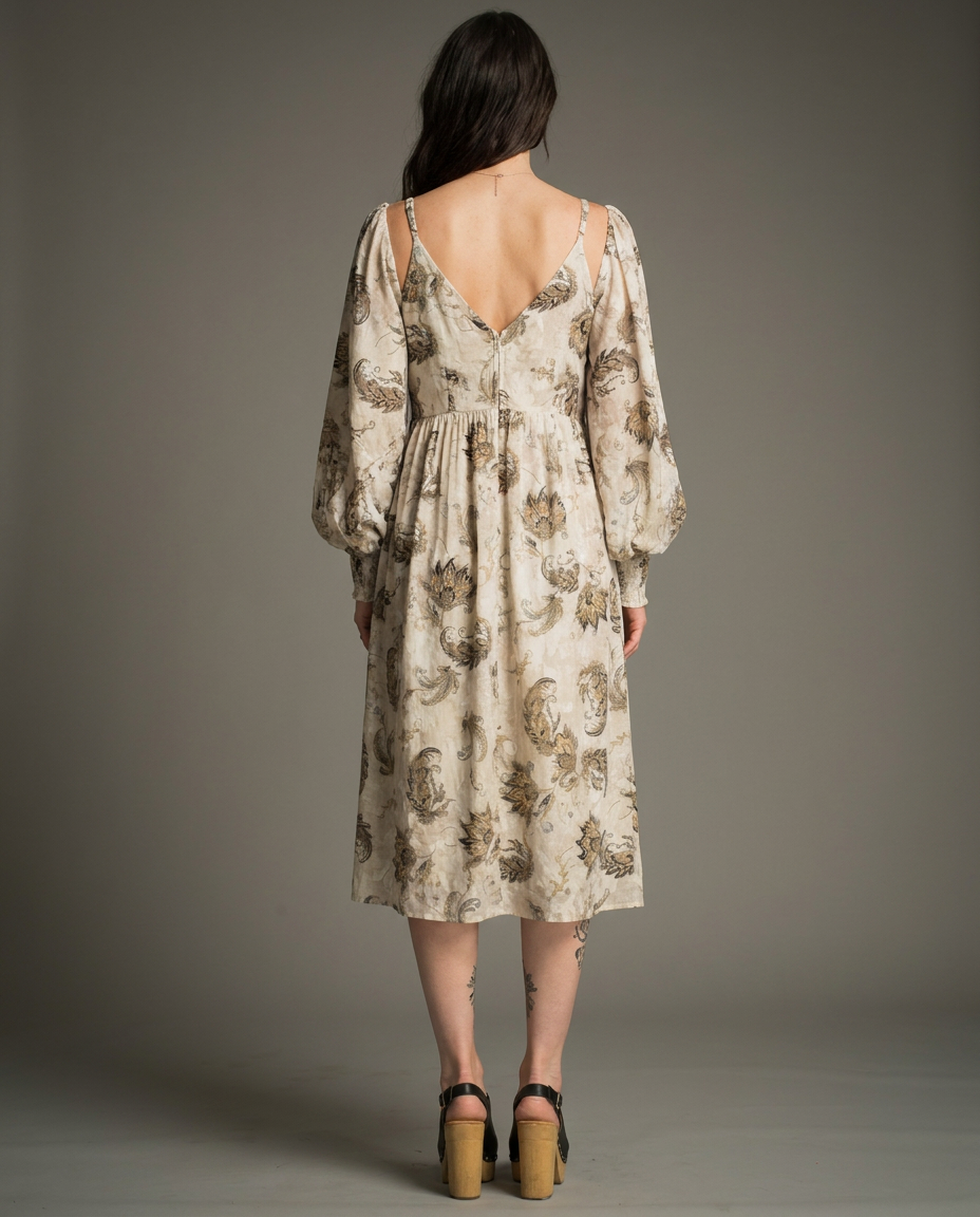 Cream Paisley Cold-Shoulder Midi Dress