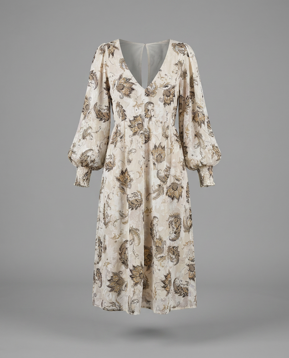 Cream Paisley Cold-Shoulder Midi Dress