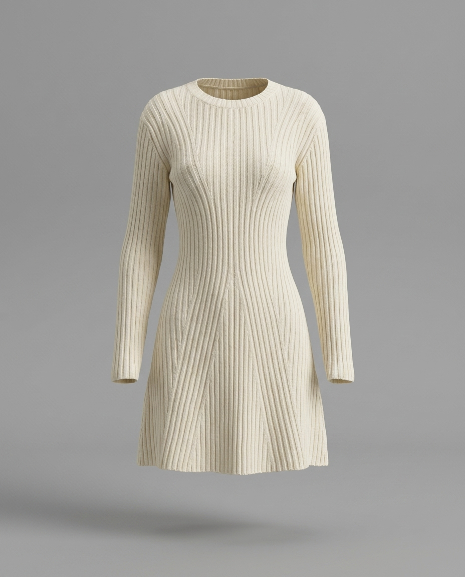Beige Ribbed Mini Jumper Knitted Dress
