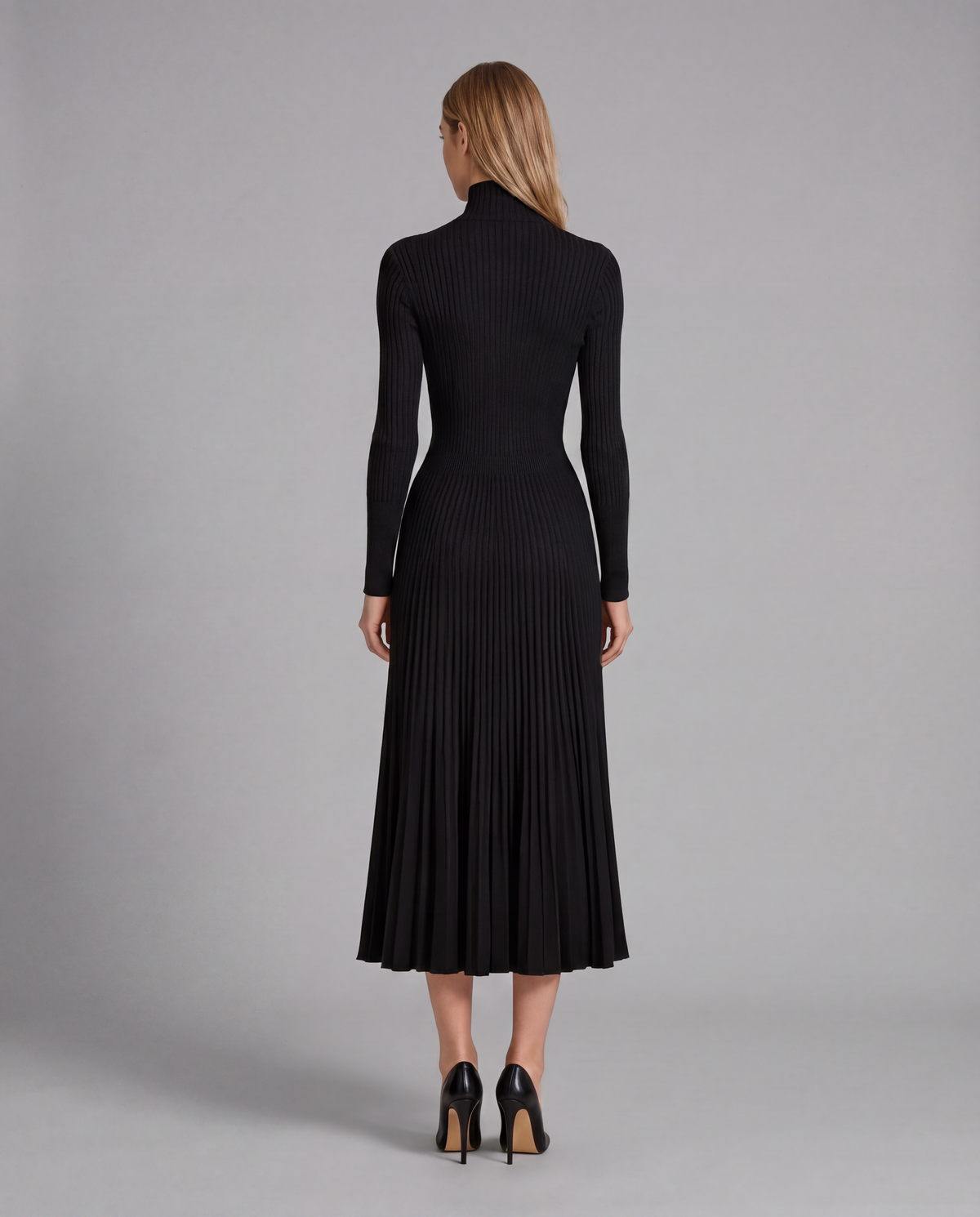 Black Roll Neck Pleated Knit Midi Dress With Ribbed Bodice, image 3