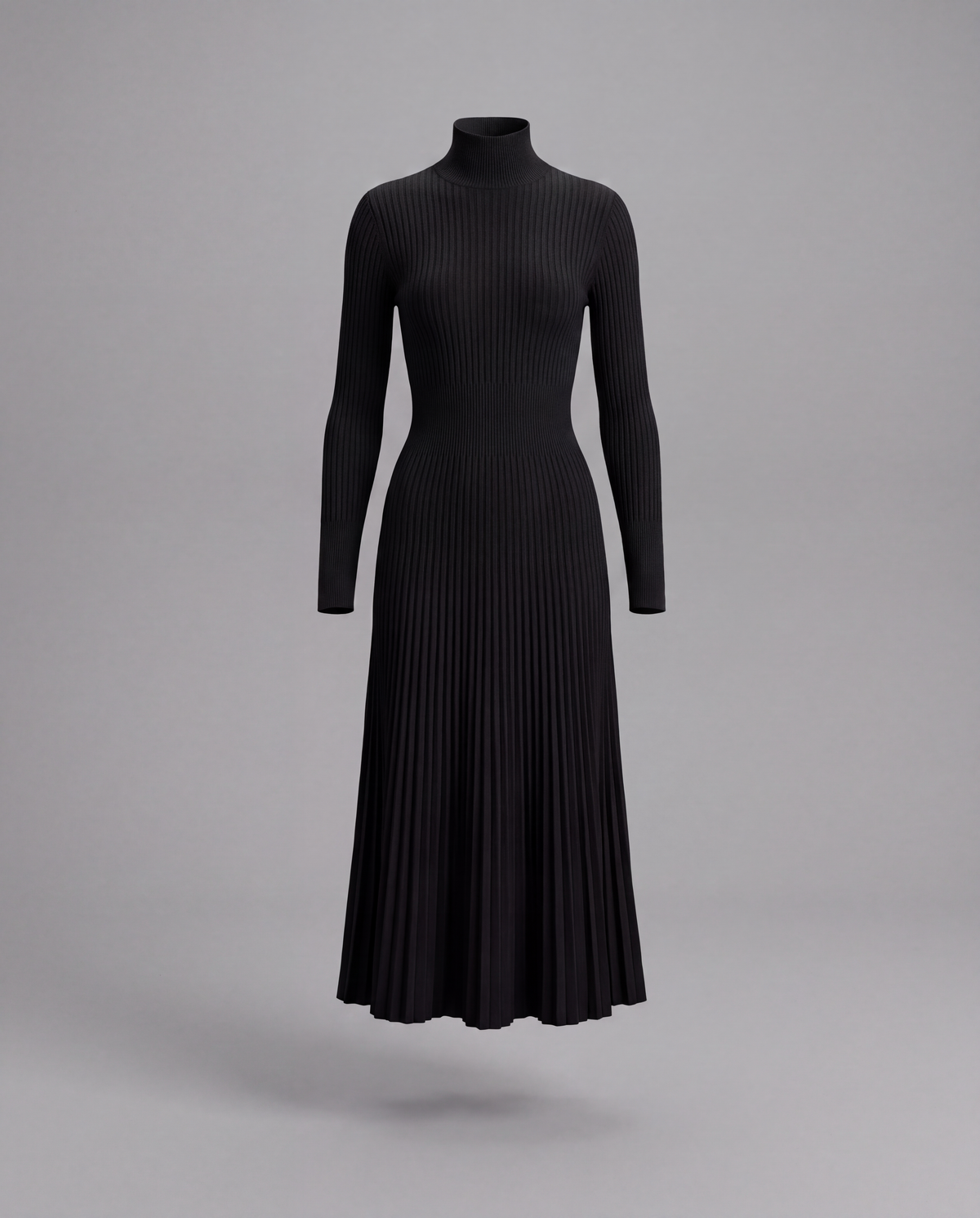 Black Roll Neck Pleated Knit Midi Dress With Ribbed Bodice, image 5