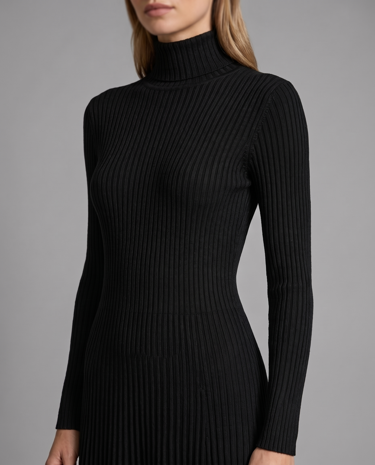 Black Roll Neck Pleated Knit Midi Dress With Ribbed Bodice, image 4