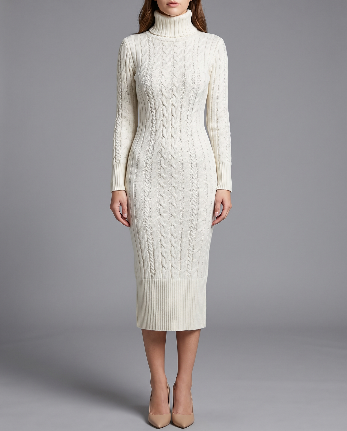 Cream Cable Knit Turtleneck Midi Jumper Dress, image 1