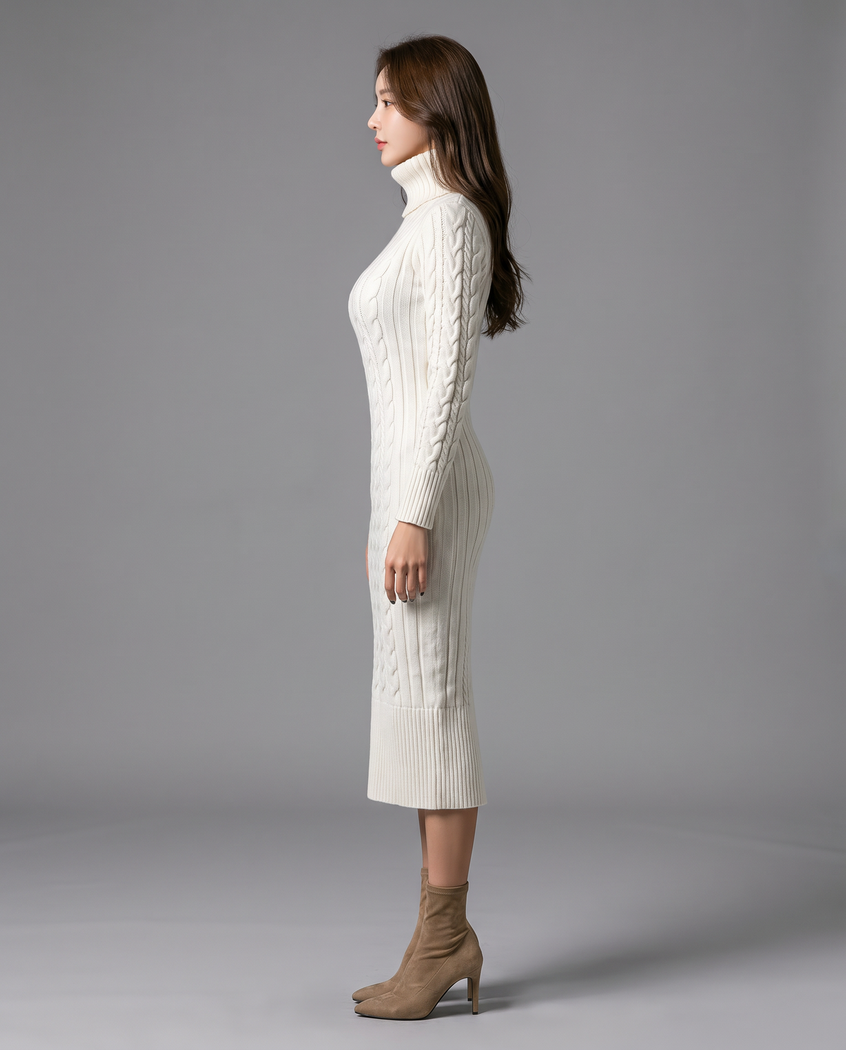 Cream Cable Knit Turtleneck Midi Jumper Dress, image 2
