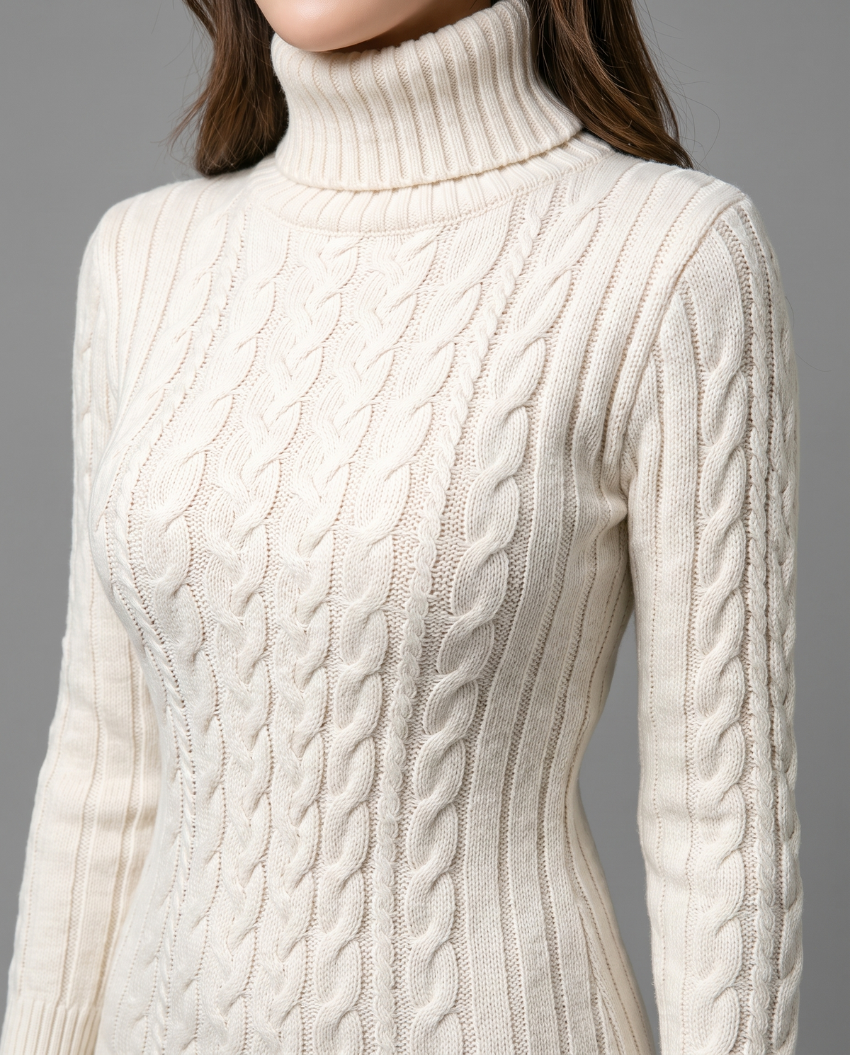 Cream Cable Knit Turtleneck Midi Jumper Dress, image 4