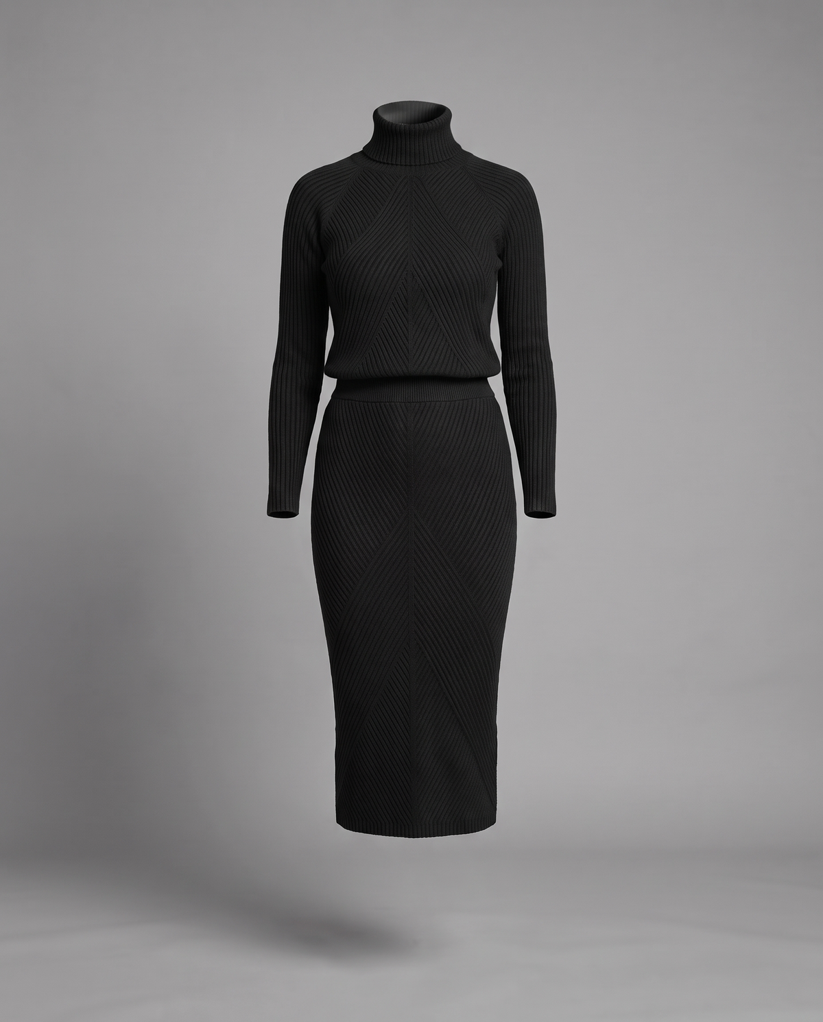 Black Ribbed Knit Turtleneck Jumper and Midi Skirt Set, image 5