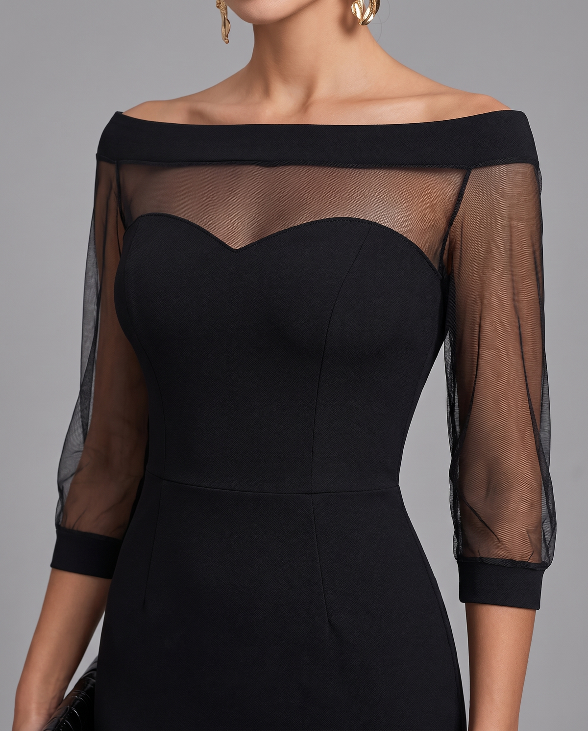 Black Off Shoulder Bardot Midi Dress With Mesh Sleeves, image 4