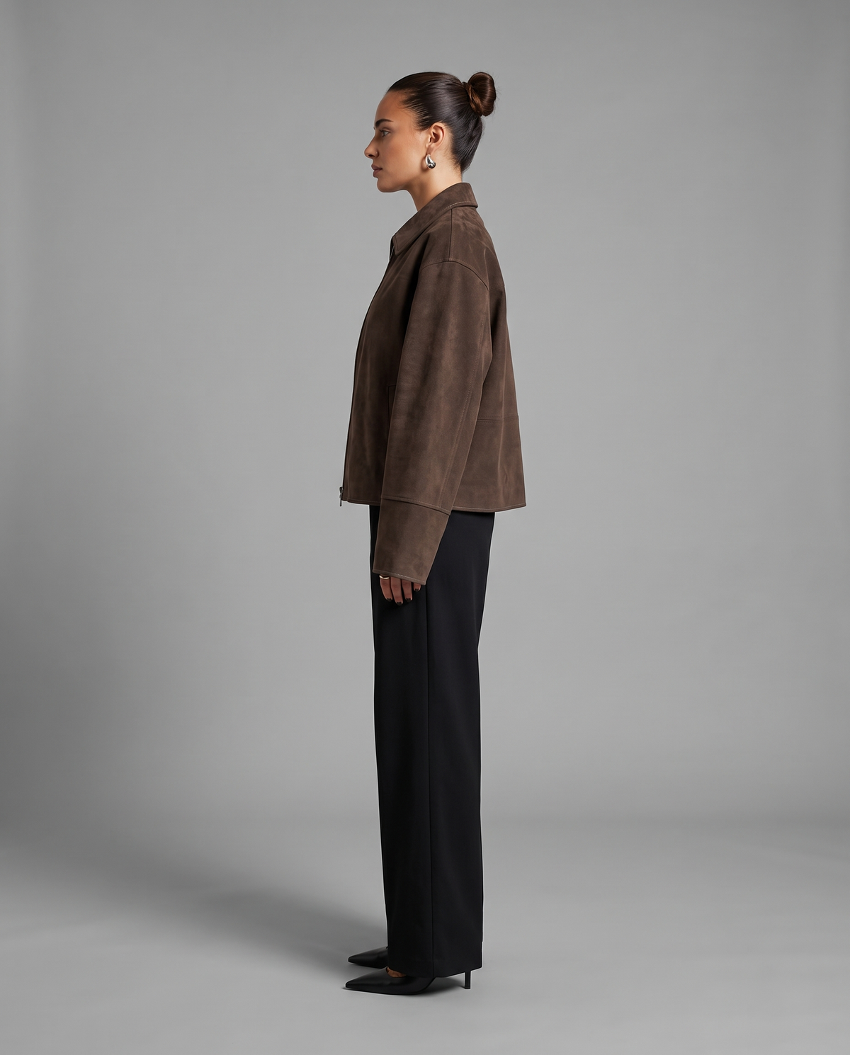 Brown Suede Oversized Bomber Jacket With Point Collar, image 2