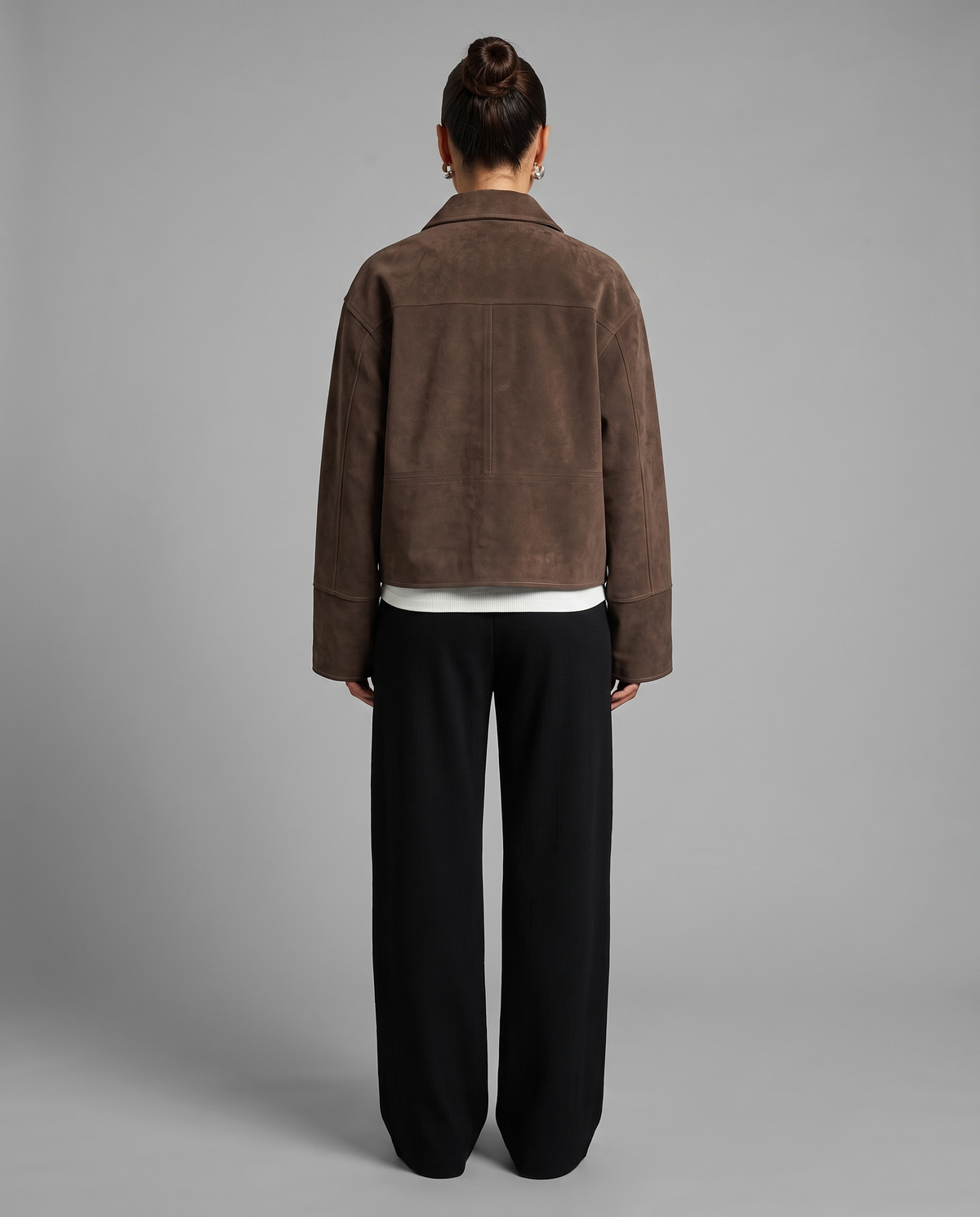 Brown Suede Oversized Bomber Jacket With Point Collar, image 3