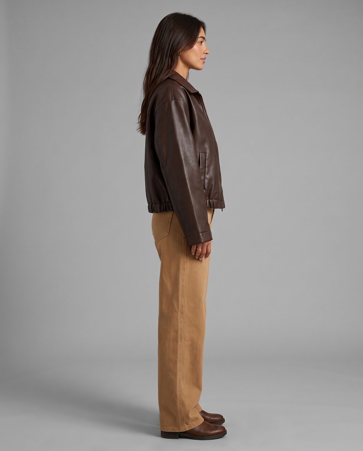 Brown Faux Leather Bomber Jacket With Elasticated Hem, image 2