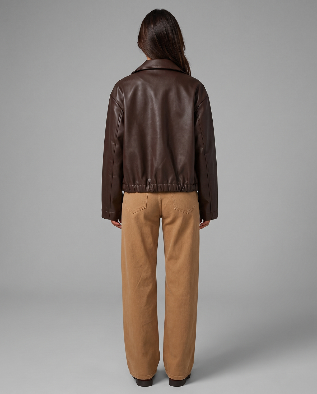 Brown Faux Leather Bomber Jacket With Elasticated Hem, image 3