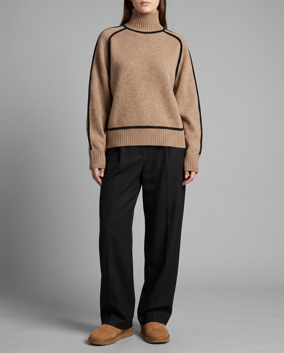 Camel Turtleneck Jumper With Black Contrast Piping, image 1