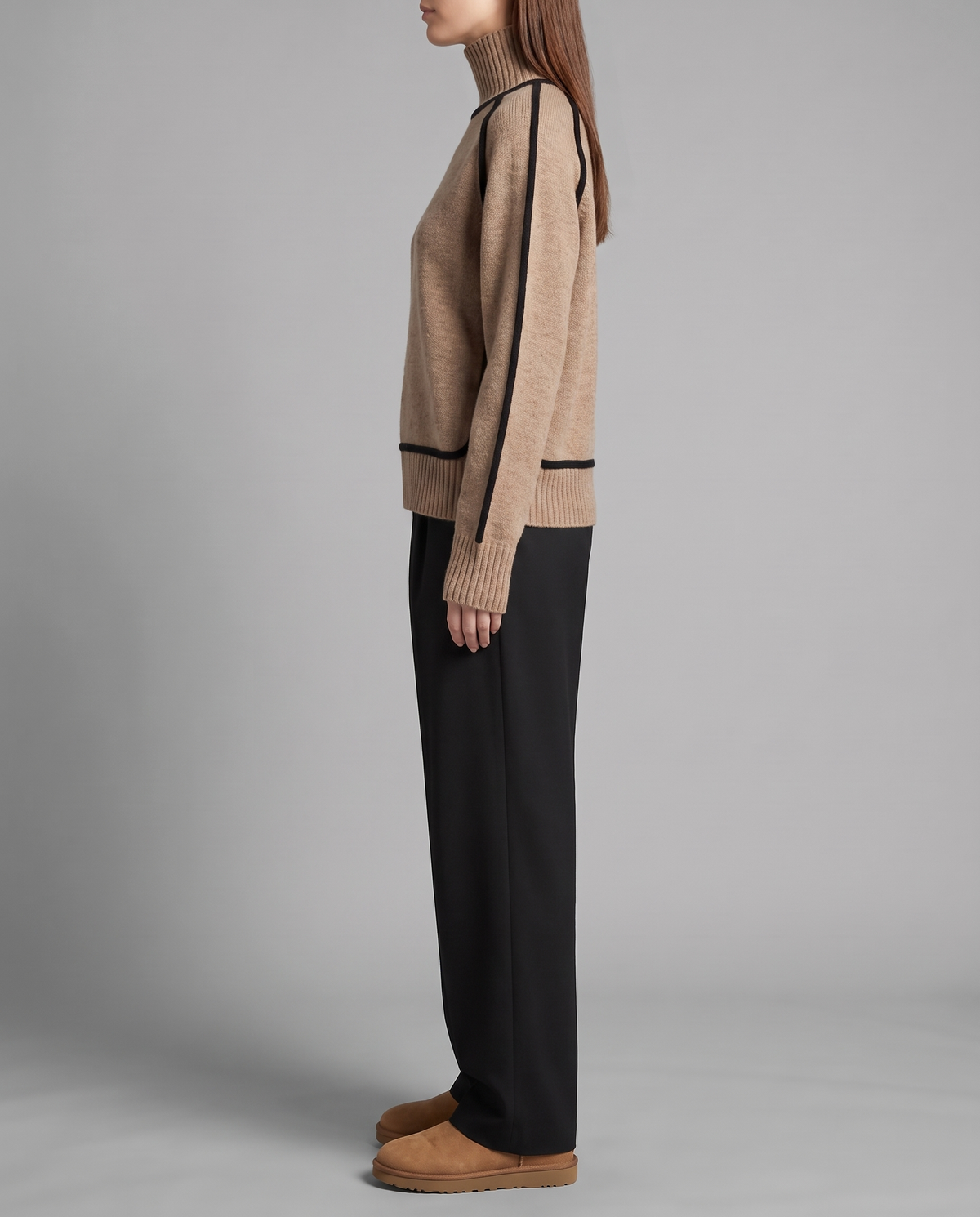 Camel Turtleneck Jumper With Black Contrast Piping, image 2