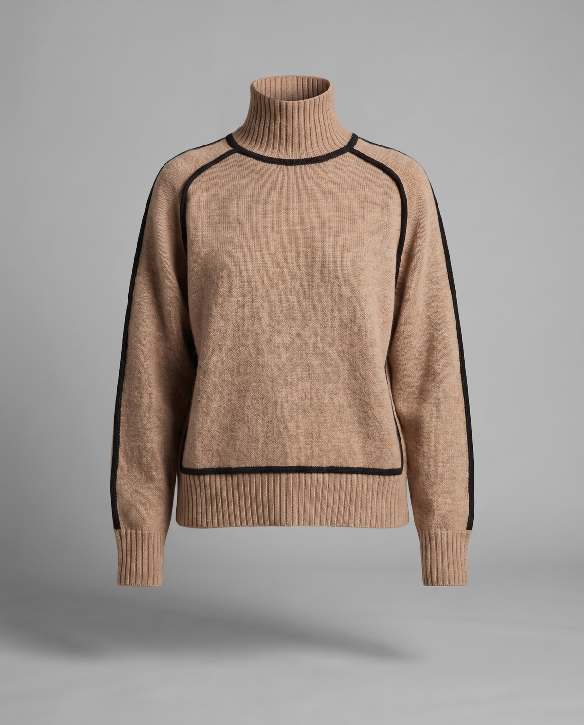 Camel Turtleneck Jumper With Black Contrast Piping, image 5