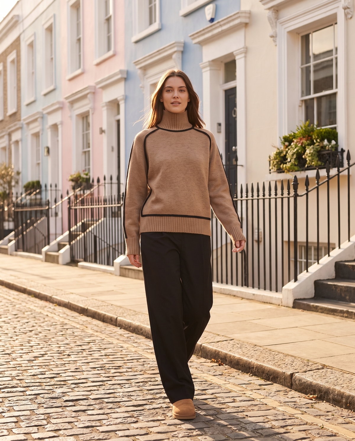 Camel Turtleneck Jumper With Black Contrast Piping, image 6