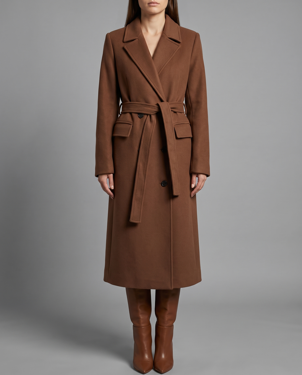 Brown Belted Long Coat With Double Breasted Front, image 1