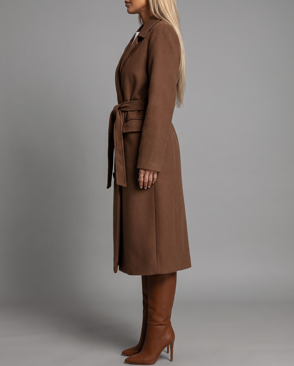 Brown Belted Long Coat With Double Breasted Front, image 2