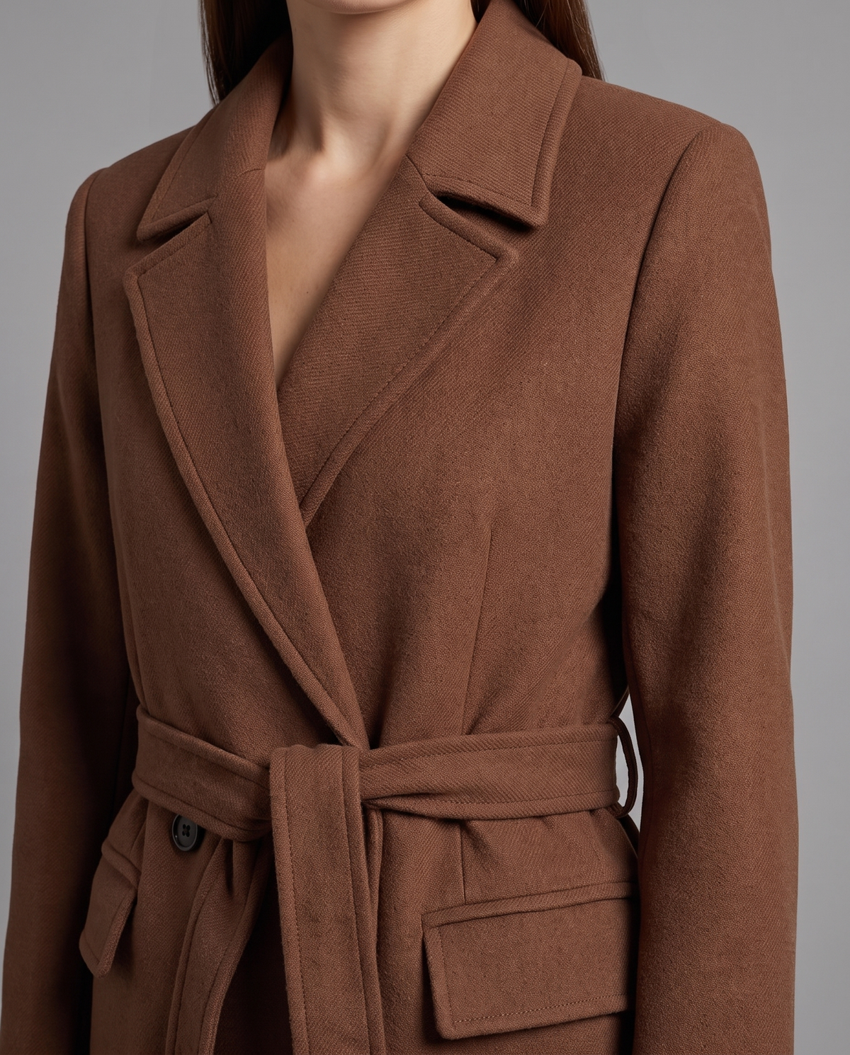 Brown Belted Long Coat With Double Breasted Front, image 4