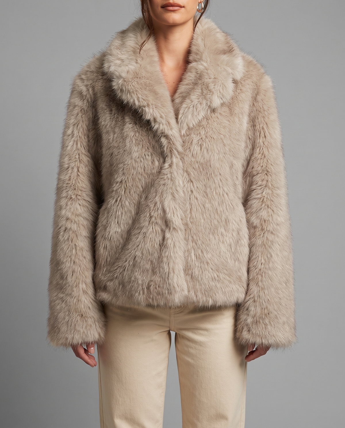 Beige Faux Fur Jacket With Wide Collar, image 1