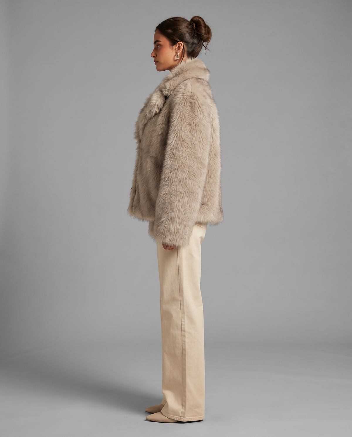 Beige Faux Fur Jacket With Wide Collar, image 2