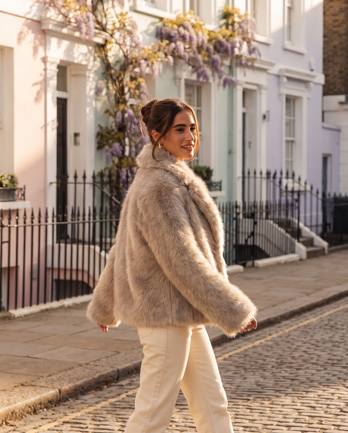 Beige Faux Fur Jacket With Wide Collar, image 6
