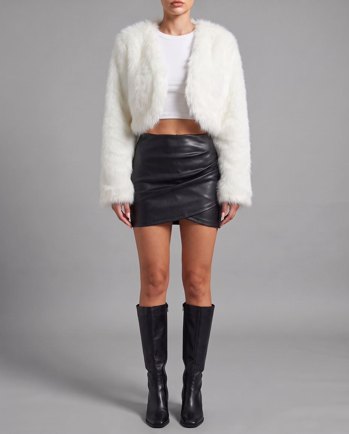 White Cropped Faux Fur Jacket With Open Front, image 1