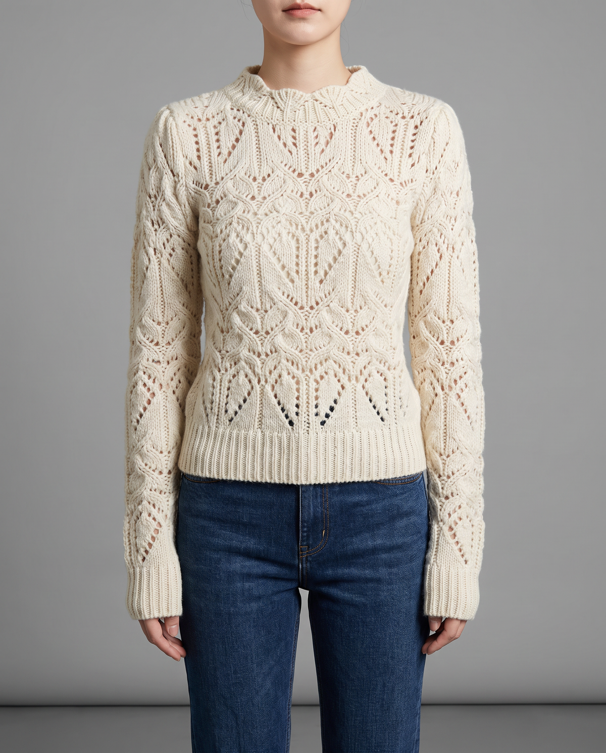 White Pointelle Knit Jumper With Round Neck, image 1