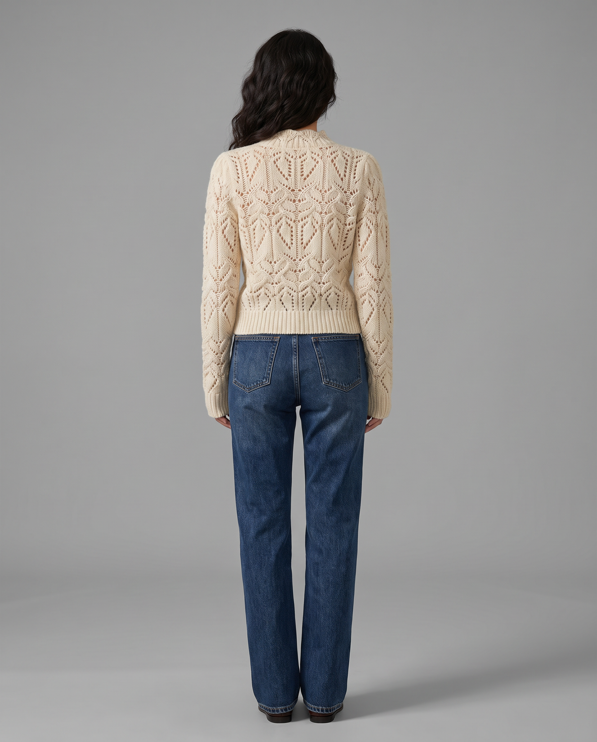 White Pointelle Knit Jumper With Round Neck, image 3