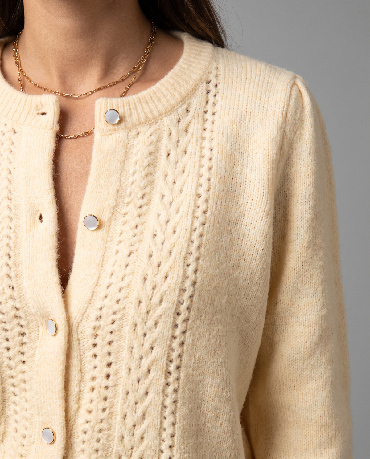 Apricot Pointelle Knit Cardigan With Puff Sleeves, image 4